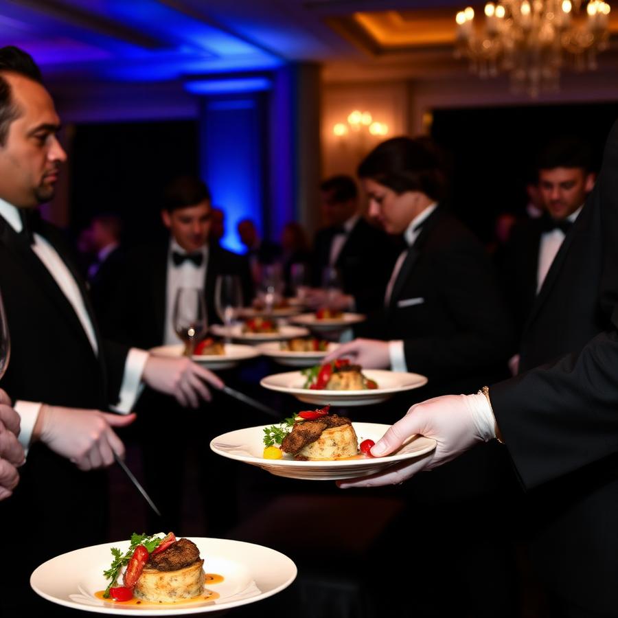 Catering staff serving black-tie gala