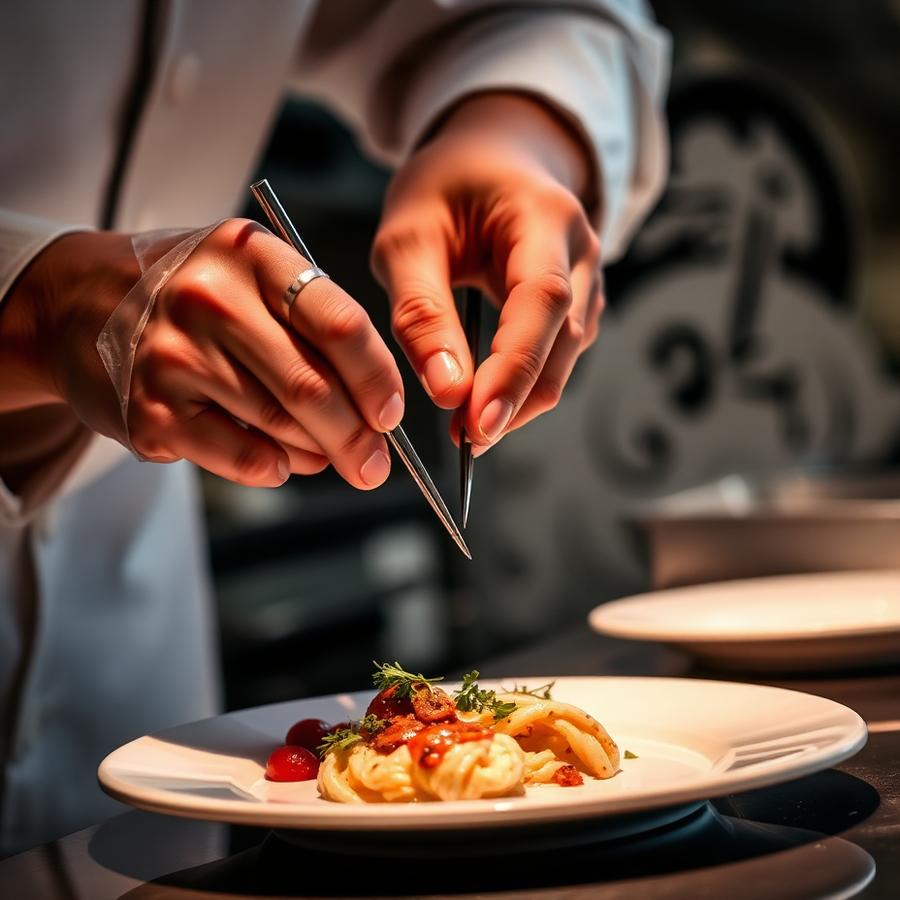 Chef plating with tweezers